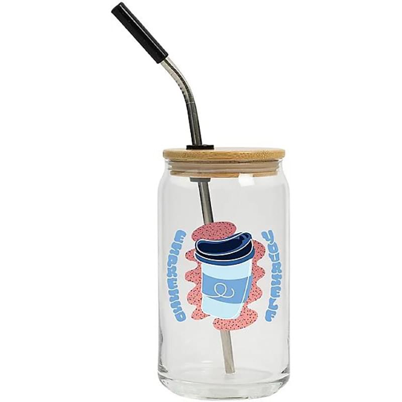 Full Color Can Glass 16 oz With Lid And Straw